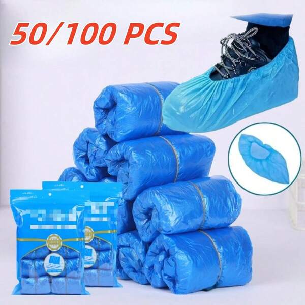 50-100 piezas/Paquete Cubiertas desechables para zapatos de PE azul, mantiene el piso limpio, resistente al agua/desgaste/antideslizante, fácil de clasificar y almacenar, adecuado para el hogar/oficina/escuela, accesorio ideal para zapatos y botas