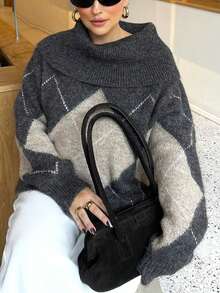 Women's Autumn/Winter Chunky Knit Diamond Plaid Western Casual Sweater Spring - Grey - View 3