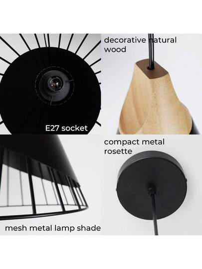 Alpinaluz Badminton Ceiling Hang Light: Zwart Metaal Hout Nordic E27 view 6