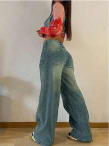 Quần jeans ống đứng dáng rộng cổ điển dành cho thanh thiếu niên - Rửa trung bình - Xem 2