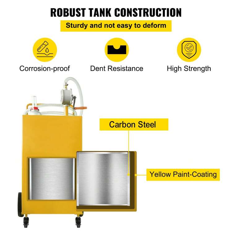 Tanque de combustible de 35 galones con 4 ruedas y bomba de transferencia manual. Contenedor de gasolina y diésel para autos, cortadoras de césped, vehículos todo terreno, botes y más. Amarillo. - 35 galones Amarillo - Añade 5