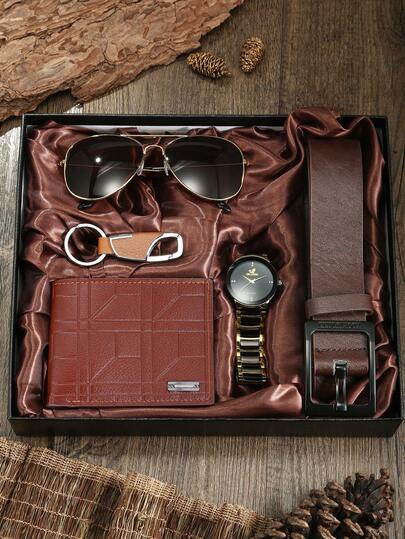 Set de 5 piezas de reloj de moda clásico, billetera, cinturón, gafas de sol y llavero para hombre, con caja de regalo, adecuado para varias ocasiones, esencial para el campus/Navidad, Halloween, cumpleaños, regalo perfecto para novio, papá