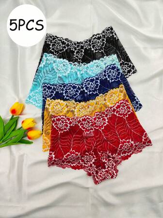 5条装花卉蕾丝性感女士三角裤，舒适透气无痕内裤