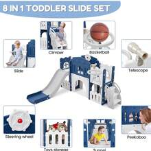 Resbaladilla 8 en 1 para Niños Pequeños, Playground Interior y Exterior con Tobogán, Aro de Basketball, Escalador, Túnel para Gatear, Telescopio y Almacenaje de Juguetes, Ideal para 1-3 Años - Azul y blanco - Ver 8
