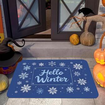 1Pc Modern Blue Winter Snowflake Doormat With Hello Winter Text - Non-Slip Rubber Backing & Machine Washable Mat For Indoor/Outdoor Entryway, Christmas, Thanksgiving, Easter, Halloween Decor - All-Season Holiday Mat For Home, Kitchen, Living Room, Bedroom - Durable Polyester Mat, Festive Christmas, Happy Holidays Text Design, Welcome Mat For Front Door