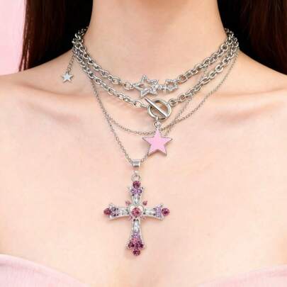 3pcs Fashionable INS Pink Heart, Star, Rhinestone Star, Meteor, Cross Y2K Style Necklace Set For Women, Sweet & Cool Goth Cross Necklace With Rhinestone, European & American Y2K Necklace Design, Choker