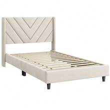 Butterslay 1PC Upholstered Bed Frame With Wing Side And Wooden Slat Support, Room Furniture, No Box Spring Needed, Twin/Full/Queen Size - Beige - View 11