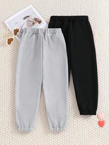 2 件套女孩心形印花松紧腰运动裤，春季时尚休闲慢跑裤