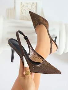 休闲尖头女式高跟鞋，时尚镂空户外派对高跟鞋，细高跟鞋 - 咖啡棕 - 查看 4