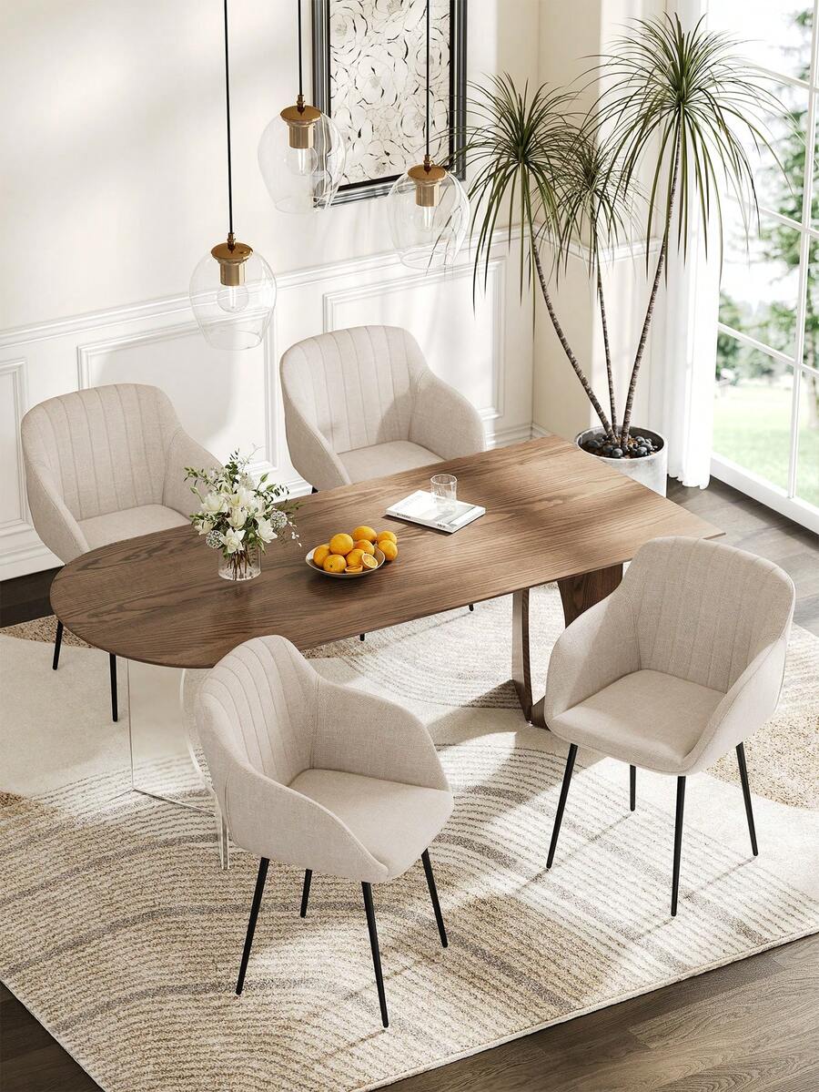 Goeurvant Contemporary Vertical-Stripe Upholstered Dining Chairs With Armrests & Metal Legs For Dining Room, Kitchen, Living Room - Set Of 2 / Set Of 4 / Set Of 6 - Beige - 米色 - 查看 1