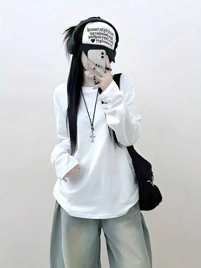 Petite Women Casual Round Neck Solid Color Versatile Simple Loose Cotton Long Sleeve T-Shirt Top