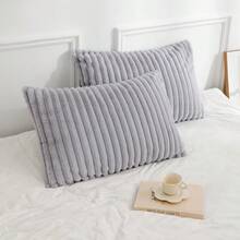 1 pieza Funda de almohada de piel de conejo sintética a rayas, sin relleno de almohada, con cierre de cremallera, suave y esponjosa, funda de almohada desmontable y conveniente para un sueño cómodo - Gris Claro - Ver 7