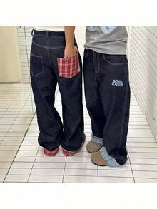 Plaid Splicing Crimped Jeans Men's Autumn New Wide-Leg Straight Loose High-End Couple Long Pants - màu đen - Xem 3