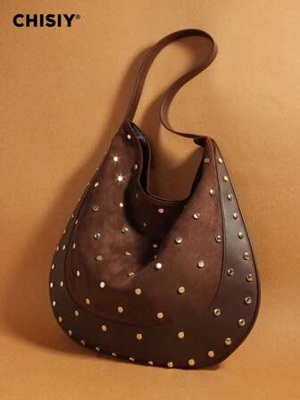 Bolso grande de capacidad con diseño de remaches dorados, hecho a mano en patchwork marrón con contraste de color, estilo francés de un solo hombro, adecuado para la escuela, citas, compras, oficina, regalo, bolso de mano para mujer todo el año