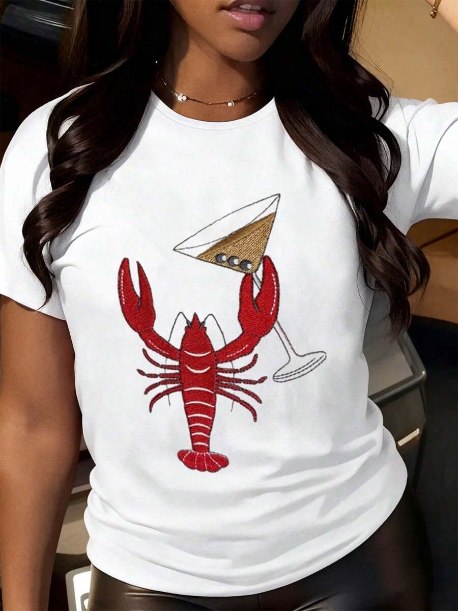 Lobster And Martini Cocktail Graphic T-Shirt For Women - Fun Summer Party Shirt With Red Lobster And Cocktail Design, Casual White Tee For Beach, BBQ, Or Festive Occasions - 白色 - 查看 1