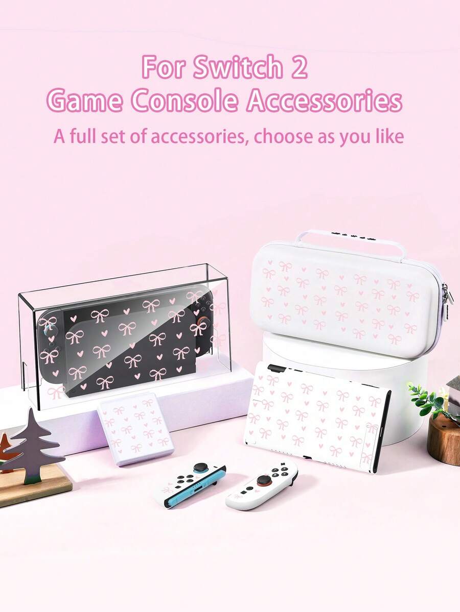 1 Stück rosa Schleife & Herz Muster Schutzhülle, kompatibel mit Switch/Switch 2, Switch 2 (2025)/Switch OLED/Switch NS/Switch Lite, inklusive Aufbewahrungstasche, Kartenfachbasis, weiche hautfreundliche Schutzhülle, perfektes Geschenk für Switch Spieler