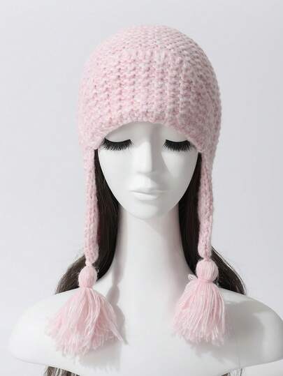 1pc Women's Kawaii Tassel Thick Knit Beanie Hat, Autumn/Winter Braided Large Head Circumference Cute Ear Warmer Warm Knitted Cap, Fashionable & Versatile