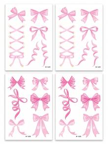 4 Sheets Temporary Tattoos, Sweet Pink Bow Print Design, Fake Tattoo Waterproof Long Lasting , Suitable For Charming Lady And Girls In Party Festival Makeup, Disposable Use, Festival Accessories - Pink - View 5