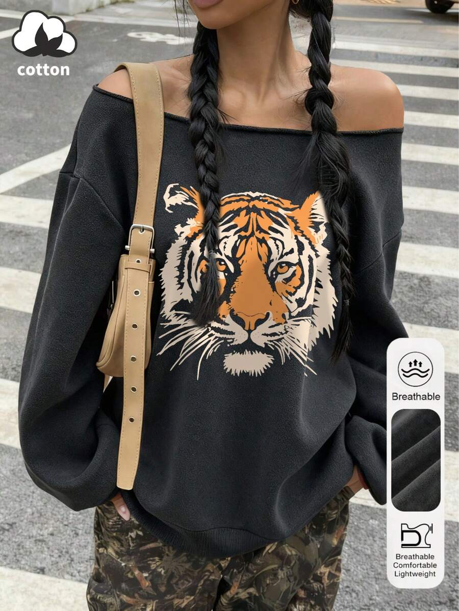 女士秋冬复古虎纹休闲Y2K辣妹简约宽松街头复古舒适露肩长袖卫衣 - 黑色 - 查看 1