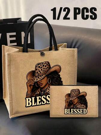 Yellow Linen Large Capacity Tote Bag: Leopard Print, Girl Graphic, English Letter Design, Multifunctional Women's Commuter Handbag