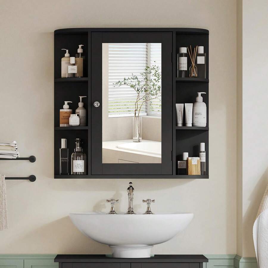 Medicine Cabinet Mirror With Door & Adjustable Shelves, Bathroom Medicine Cabinet With Mirror, Medicine Cabinets For Bathroom, Black - Black - View 1