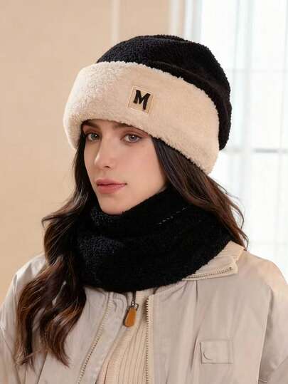 1 Conjunto de Gorro e Cachecol de Lã Dupla Face Feminino para Outono/Inverno, Gorro de Beanie com Bordado de Letra em Cores Contrastantes na Moda, Touca Grossa e Quente à Prova de Vento com Protetor de Orelha, Adequado para Ciclismo, Caminhada, Transporte, Esportes de Inverno, Viagem, Uso Diário, Festas Temáticas, Conjunto Modular à Prova de Frio