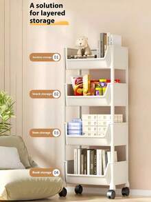Carro de almacenamiento móvil de cuatro niveles, con un diseño portátil y multifuncional con ruedas giratorias bloqueables. - Blanco - Ver 2