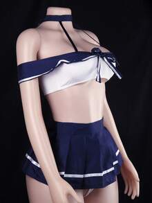 Japanese Style Sailor Lingerie - White Lace Stockings With Pleated Skirt Set, Classic Schoolgirl Roleplay Outfit - 藏蓝色 - 查看 6