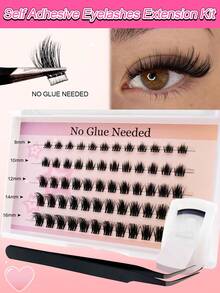 60pcs C-Curl Self-Adhesive Individual Lashes Set, 8-16mm, Cat Eye Effect, DIY Eyelash Extension Kit With Tweezers And Lash Curler, No Glue Needed, Segment Lashes, Pointed Tip Lash Extensions - 黑色 - 查看 9