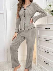 2pcs Women Autumn/Winter Pajama Set, Lapel Bow Decor Fashionable Sexy Long Sleeve Top & Long Pants Sleepwear, Fall Clothes, Cozy Outfit