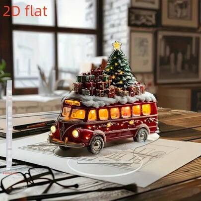 1 件经典圣诞巴士桌雕，带灯树和礼物 - 聚丙烯双面印刷，适合家庭、卧室、餐厅、多功能圣诞装饰的节日圣诞装饰品