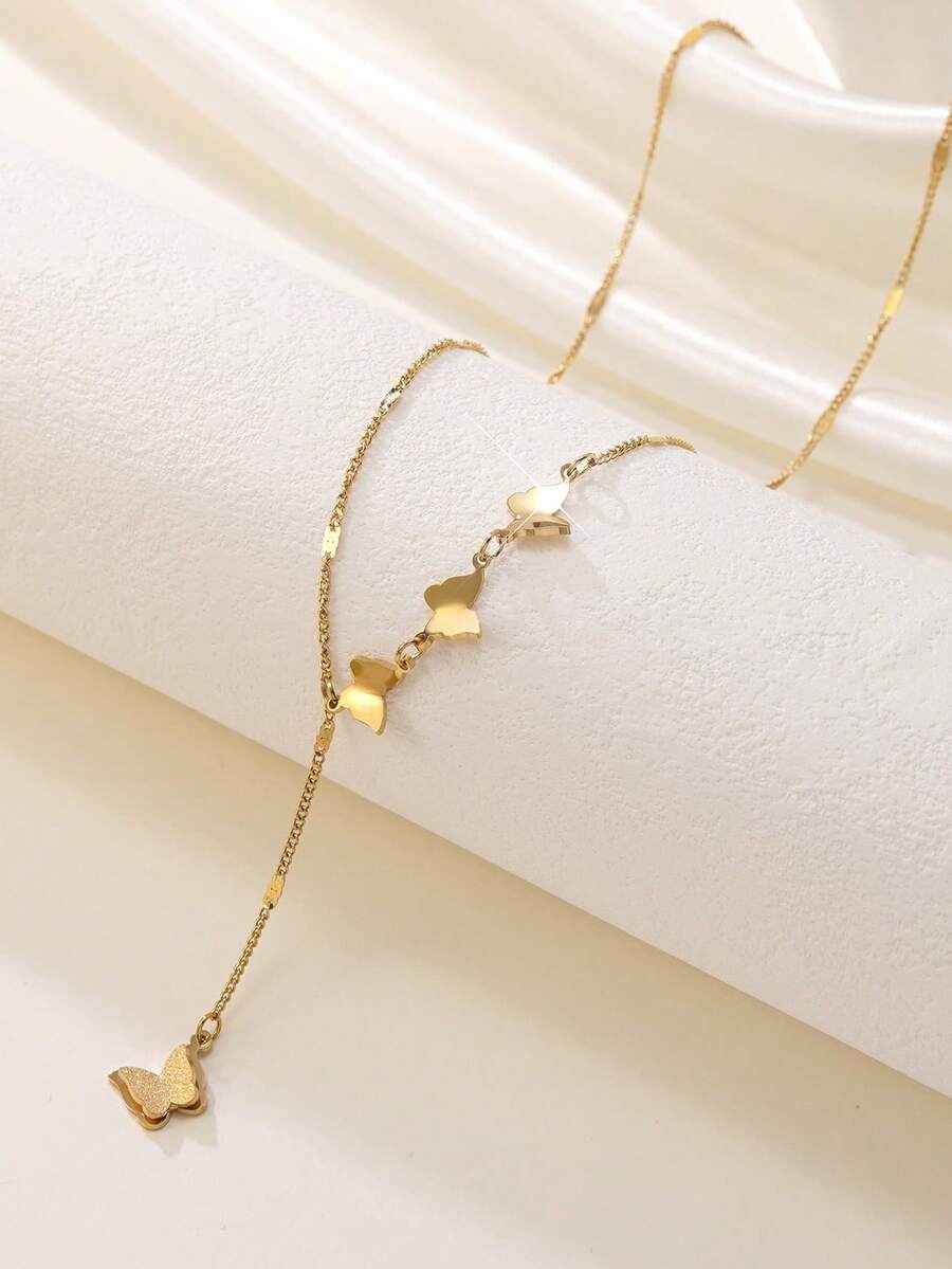 1pc Elegant Stainless Steel Butterfly Tassel Y-Necklace, Double Layer Matte Butterfly Tassel Y-Shaped Pendant Necklace, Suitable For Women's Daily, Commuting, Vacation, Party, Date Wear - Yellow Gold - View 1