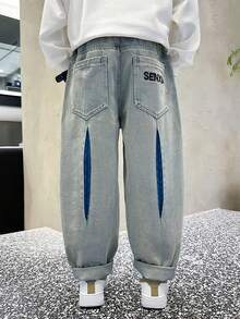 青少年男孩字母刺绣口袋休闲阔腿牛仔裤 - 藍色 - 查看 5