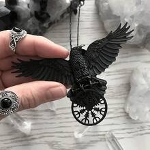 Vintage Gothic Black Crow Pendant Women's Necklace, Dark Viking Mysterious Symbol Necklace - 黑色 - 查看 6