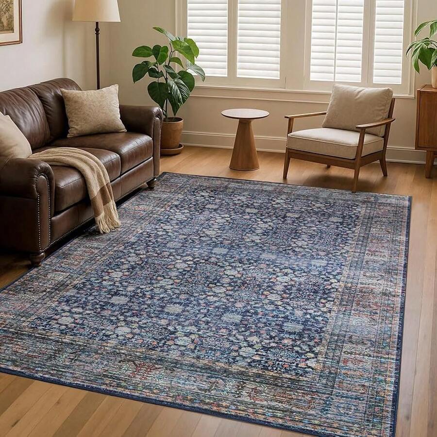 5x7 Vintage Area Rug For Living Room Bedroom, Machine Washable Non Slip Indoor Rug, Thin Throw Floral Low Pile Distressed Carpet For Office Nursery Dining Room Red/Blue, Modern Chic Design - Biru/Kuning/Multi - View 1