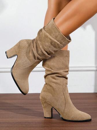 粗跟休闲靴圆头绒面革修身高筒靴女式，新款秋冬中筒马靴，带毛皮