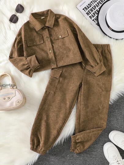 Jaqueta curta de veludo cotelê liso com lapela, abotoamento simples, manga comprida e calça com cordão, conjunto casual de 2 peças para meninas, outono/inverno