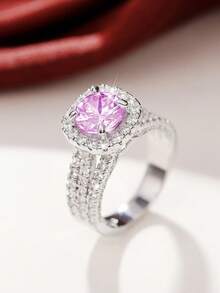 1pc Women's Ring Inlaid With Cubic Zirconia, Suitable For Wedding Anniversary, Party, Valentine's Day And Other Occasions - Pink - View 4