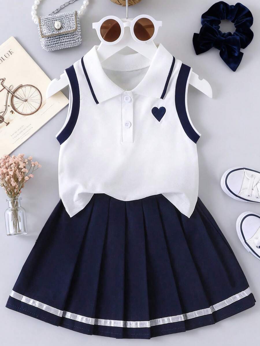 少女爱心印花高领背心搭配缎带装饰百褶迷你裙休闲套装 - 寶藍色 - 查看 1