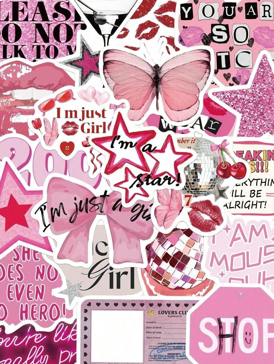 50Pcs Pink Y2K Girls Stickers Waterproof PVC Gift Cartoon Decoration Scrapbook Laptop Luggage Guitar Water Cup Phone Case DIY Decal, School Supplies,Back To School - 粉色 - 查看 1