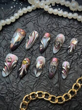 10Pcs Medium Almond Shape Nordic Gradient White Light Brown Elegant Full Coverage Fake Nails Set European Style 3D Three-Dimensional Decoration Silver Chrome Fluid Cast Vanity Full Cover Acrylic Press On Nails ,Kit For Women And Girls With 1Pc Mini Nail File & 1 Sheet Adhesive Tabs Nail Supplies Nails