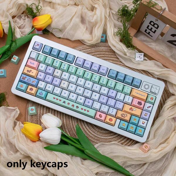 129-Key Small Bear Tea-Themed Full Set Keycaps In Purple, Cherry Profile, Made Of PBT Material, Compatible With 61/64/75/87/98/104 Keyboards