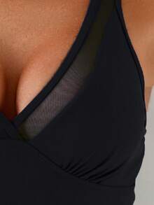 Sexy Mesh Sheer Deep V Padded Bandage Drawstring Side One-Piece Swimsuit, Summer Beach Vacation - Black - View 3