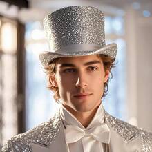 Barelove Top Hats For Men Women Adults Shiny Magician Hat Tuxedo Hat Victorian Dress Up Christmas Top Hats - 閃亮銀飾 - 查看 5