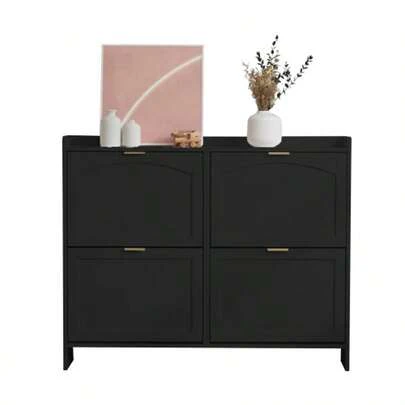 Modern Shoe Cabinet With 4 Flap Compartments, Freestanding Shoe Rack, Open Shelves, Suitable For Entrance Area Or Hallway, White, Dimensions: W110/H90/D24 Cm