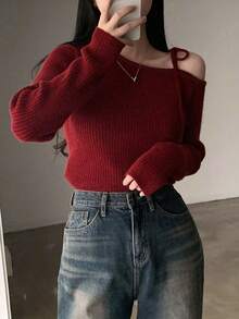 不对称露肩蝴蝶结设计百搭针织毛衣，女士圣诞款 - 酒紅色 - 查看 5
