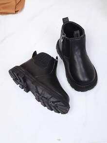 儿童冬季保暖内衬靴，简约英伦风侧拉链男女童厚底踝靴 - 黑色 - 查看 5