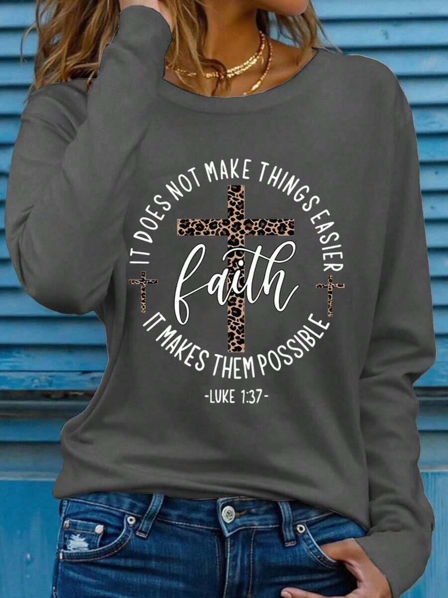 Women I Sought Lord Religious Long Sleeve Tee, Bold Inspirational Verse Print Soft Breathable Casual Faith Top Ideal Christian Gift Daily Wear - 灰色 - 查看 1