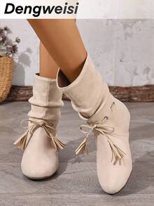 بوت نسائية بيج مطوية بشراشيب منتصف الساق، أنيقة متعددة الاستخدامات للارتداء اليومي والعطلات، ذات أصابع قدم مستديرة مسطحة، موضة خريف/شتاء - بيج - مشاهدة 7