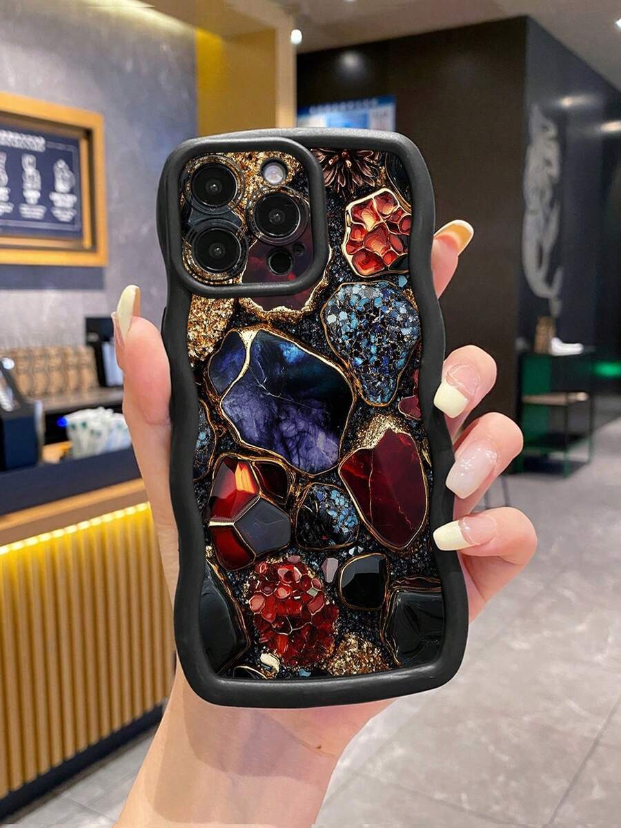 1个红蓝玛瑙宝石防震波浪纹手机壳，UV印刷，兼容/Galaxy/Moto/Moto - 黑色 - 查看 1